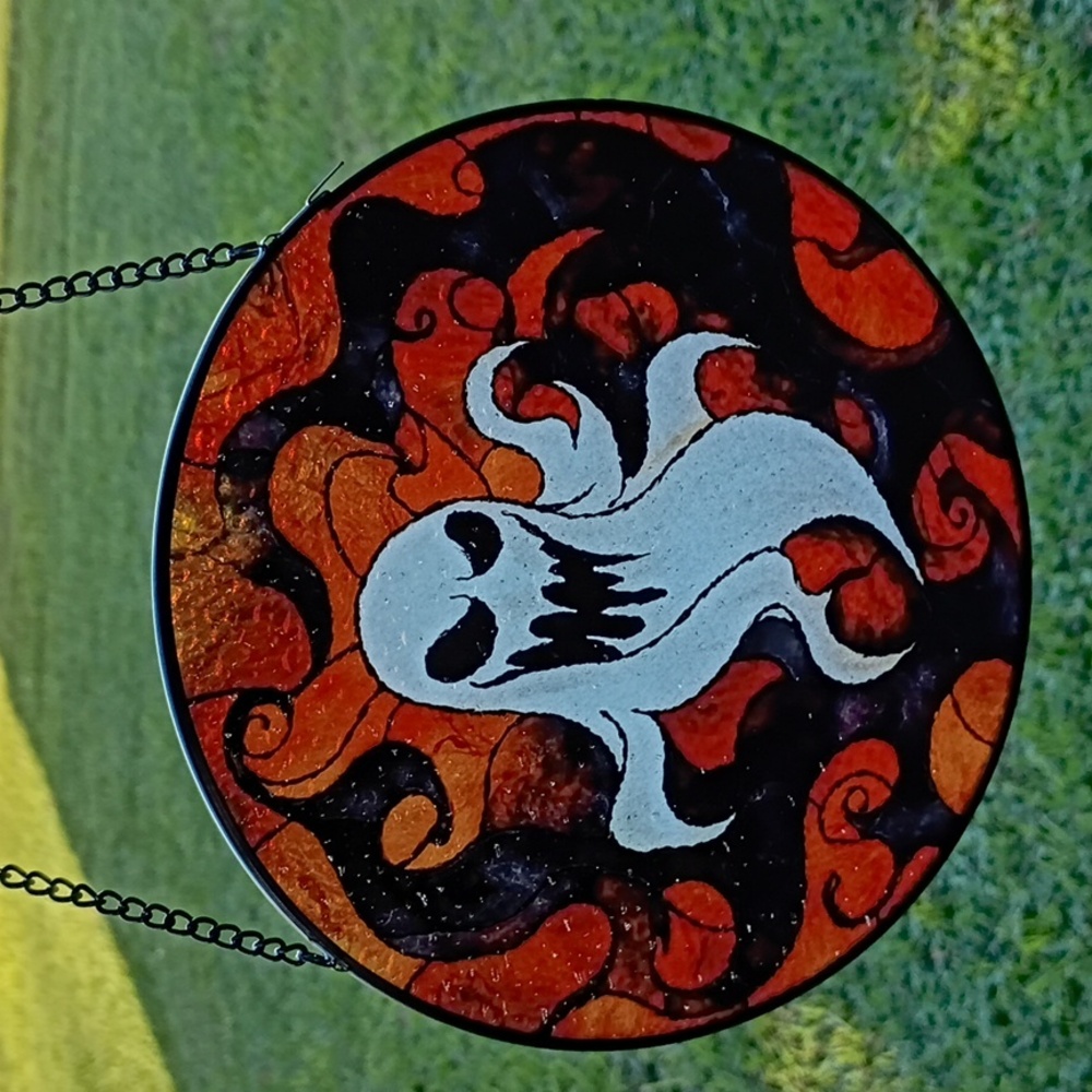 2/$20 Halloween Ghost Stained Glass-Style Hanging Wall Art, Orange - Picture 4 of 6
